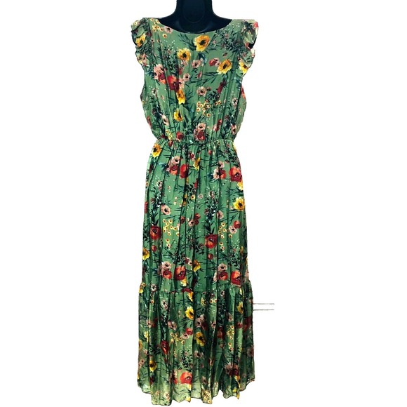 Le Raganne Womens L Maxi Dress Silk Blend Italy Lined Floral Forest Fairy Tiered - Picture 4 of 10